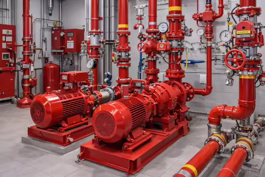 Impianto antincendio industriale con pompe e rete idranti in stabilimento produttivo
