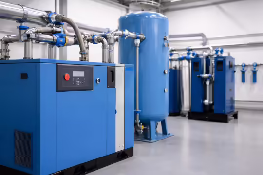 Sistema aria compressa industriale con compressori e rete distribuzione aria