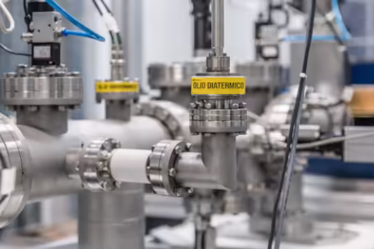 Impianto olio diatermico con tubazioni industriali e valvole per circuiti ad alta temperatura