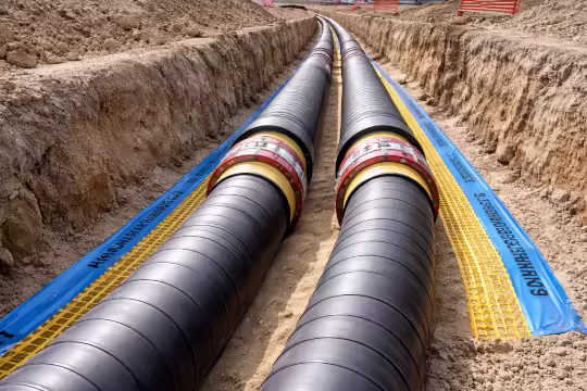 Rete di teleriscaldamento industriale con tubazioni interrate per trasporto energia termica