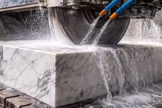 Taglio marmo con macchinari industriali e raffreddamento ad acqua in stabilimento lapideo