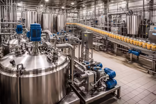 Impianto agroalimentare industriale con serbatoi inox e linea di produzione